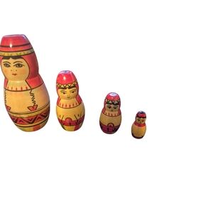 Vintage Wooden Nesting Dolls Set - Red and Yellow Russian